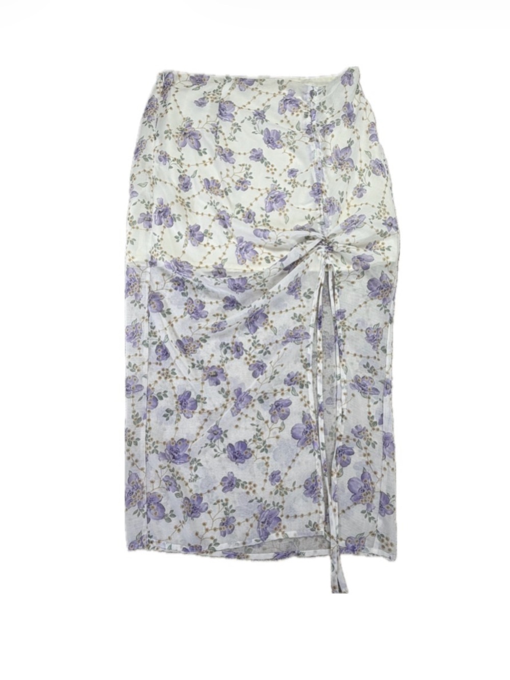 Cider Purple Floral Print Size Slit Ruched Midi Skirt Large Fairycore, Coquette